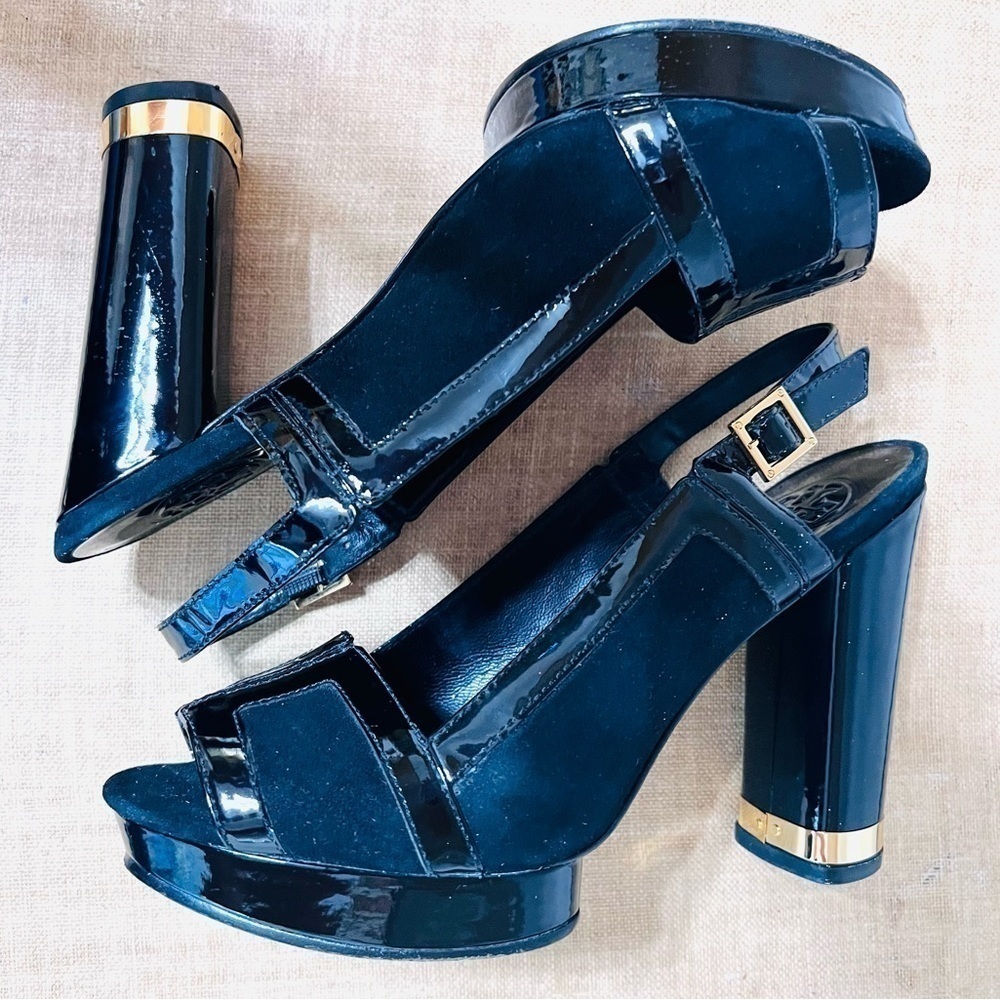 ❤️TORY Burch Black Suede Patent Leather Slingback "Gemma" Platforms Sz: 6.5M - Picture 5 of 9